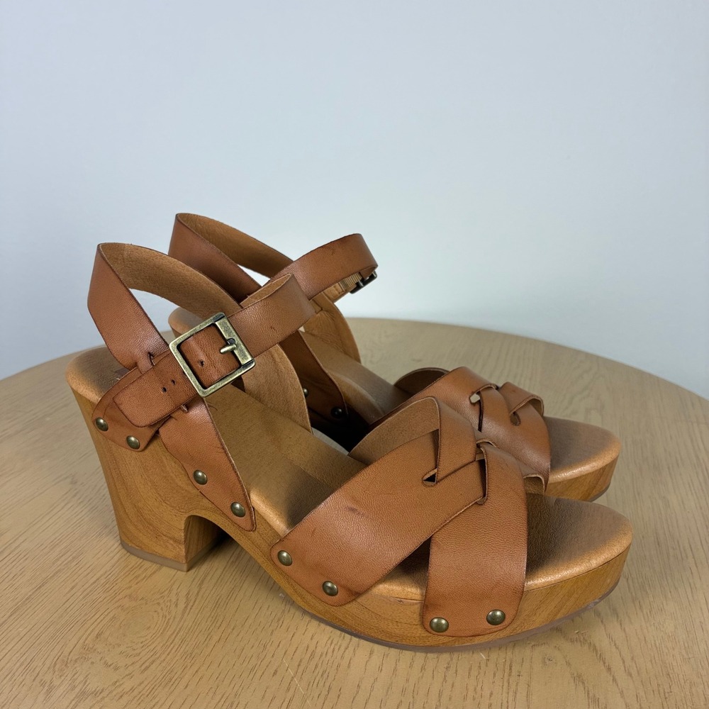 Korks Leather Platform Clog Sandals Womens 9 Studded Wood Block Heel Boho Retro